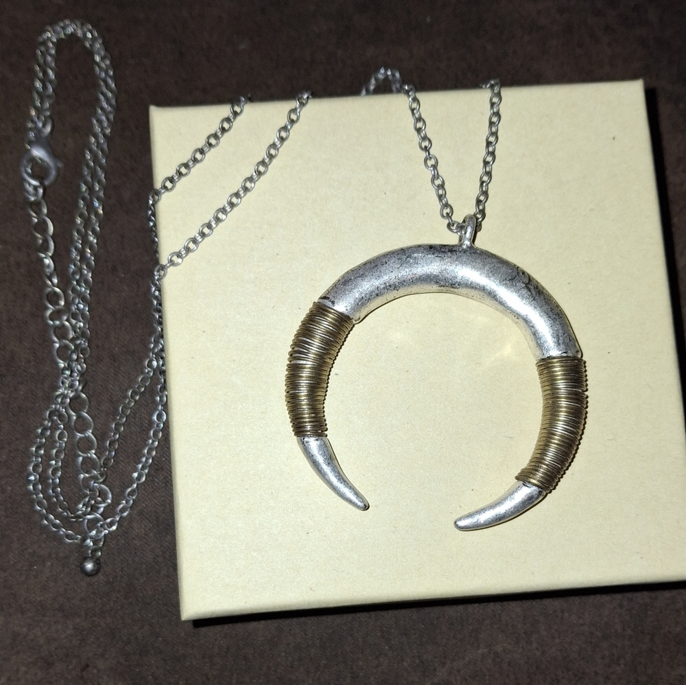 Mixed Metal Double Horn Crescent Silvertone Statement Pendant Necklace - Picture 5 of 7